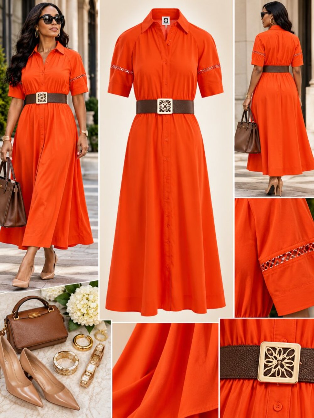 Anne Klein Orange Belted Midi Shirt Dress Raglan Sleeve Size 12 NWT